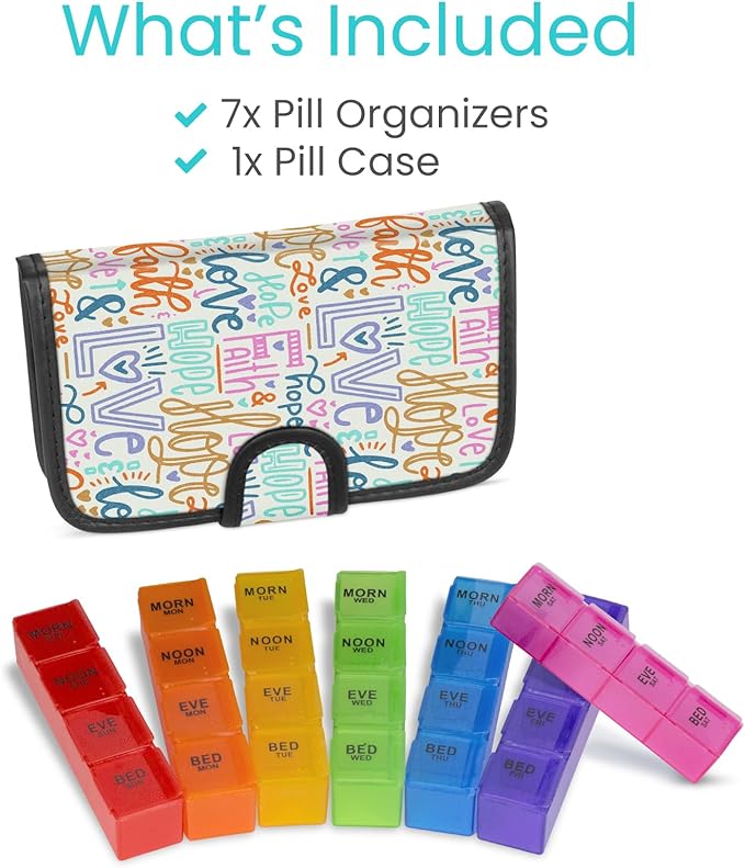 Vive Weekly Pill Organizer 4 Times a Day - 7 Days Pill Boxes for Morning, Noon, Evening, Night - Extra Large Medicine, Vitamin & Supplement Dispenser with Premium Leather Case
