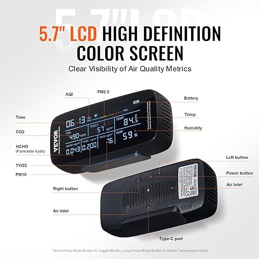 VEVOR Air Quality Monitor 9-in-1, CO2, Temperature, Humidity, Formaldehyde TVOC AQI Tester, Professional PM2.5 PM10 PM1.0 Particle Counter for Indoor/Outdoor, Air Quality Meter w/Alarm Thresholds
