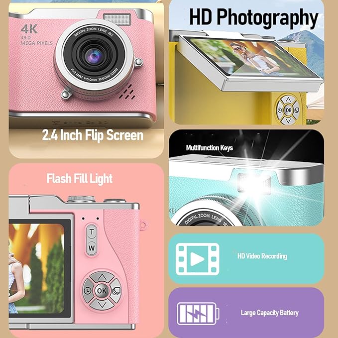 48MP Digital Camera, 1080P Video Camera, 8X Zoom, 2.4 Inch HD Flip Screen, LED Fill Light, Long Battery Life, with Multiple Functions for Entertaining Photography (Rose)