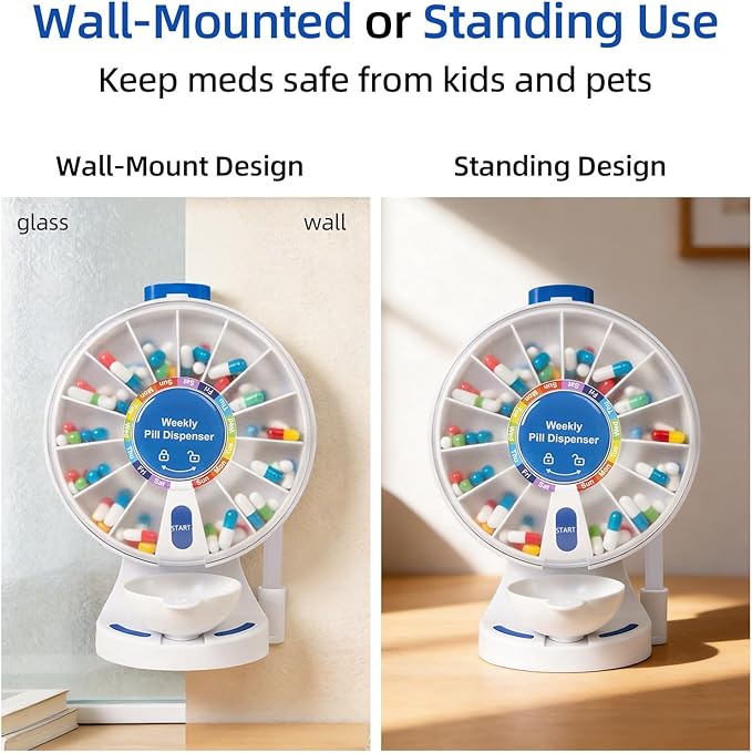 Weekly Pill Dispenser, 14 Compartment Large Pill Organizer with One-Press Button, Wall Mount or Countertop Pill Dispenser with Cup, Easy Vitamin & Medication Organizer for Elderly (Blue)