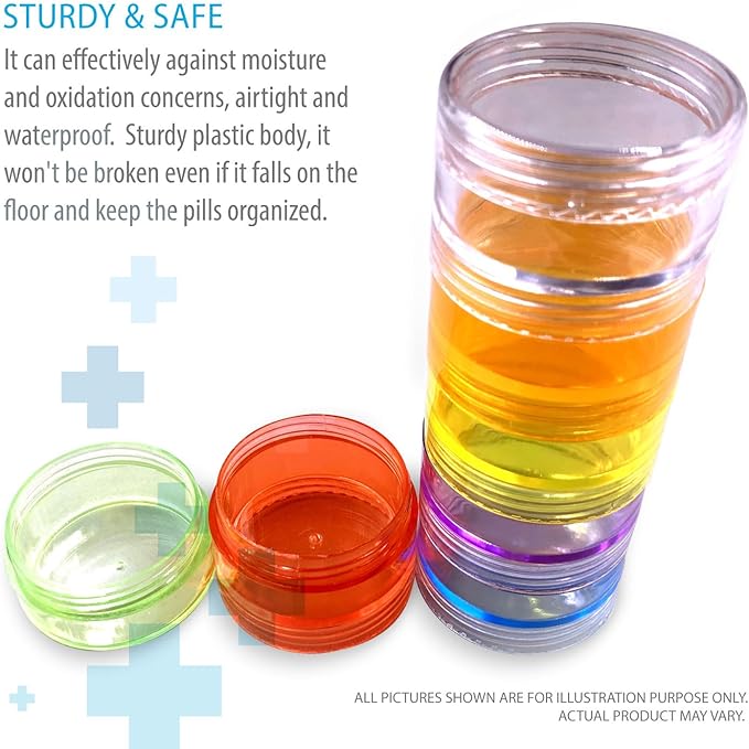 Deke Home - Stackable Pill Organizer (2 Pack), 7 Day Weekly Pill Box Tower with Twist Lock Compartments, BPA-Free, Travel Medicine Holder & Vitamin Dispenser, Compact & Portable Case, Rainbow Colored