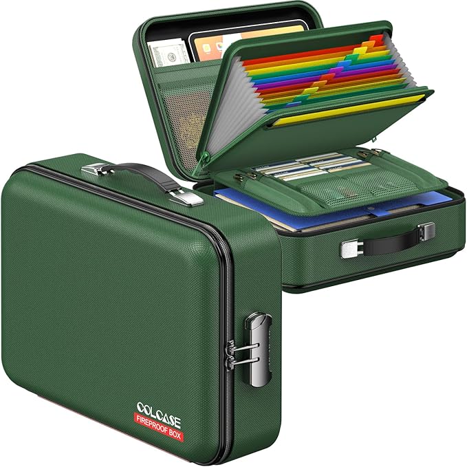 COLCASE Fireproof Document Folder, Hard Fireproof Waterproof Document Box with Lock Creative Hard-Shell Design Fireproof Document Box for Important Documents Certificates Laptop Passports Green