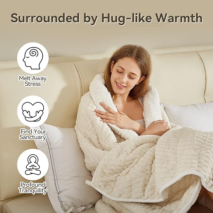 Weighted Blanket Queen Size for Adults,15lbs Jacquard Sherpa Heavy Blanket for Calming and Relax, Dual Sided Ultra Soft Fuzzy Throw Blanket with Glass Beads, 48" x 72", Cream White