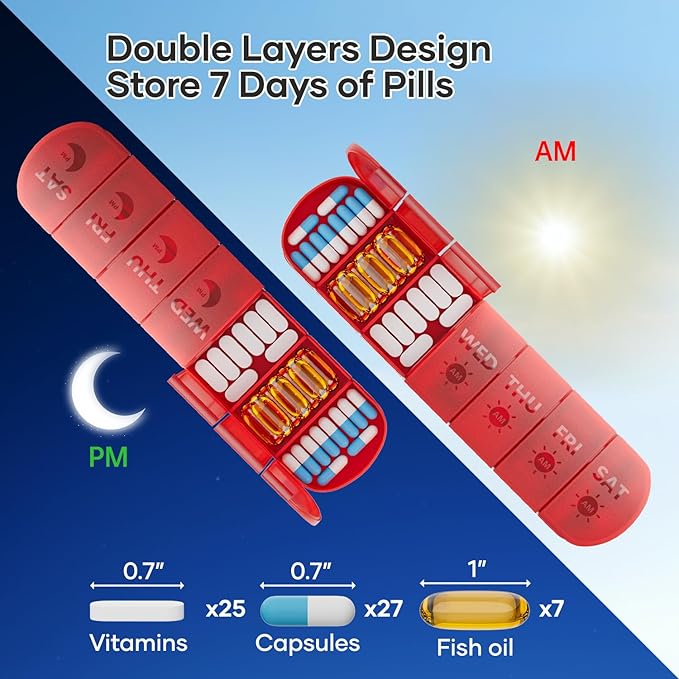 2 Layers Weekly Pill Organizer 2 Times a Day, Travel Medicine Pill Organizer, Pill Box Case 7 Day AM PM, Pill Container for Vitamins, Fish Oil, Supplements and Medication, Red