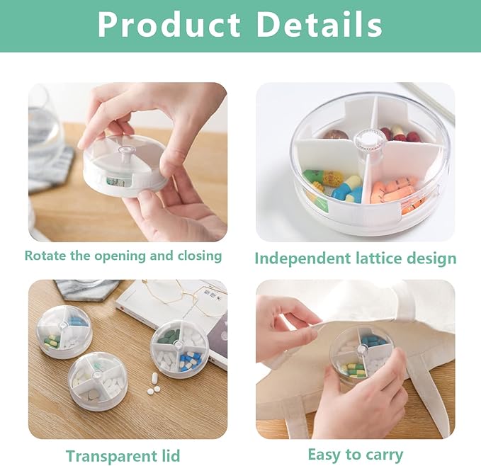 Pill Organizer Portable Travel Pill Box Round Rotatable Pill Case 4 Large Compartments Medicine Organizer for Vitamin Fish Oil Pills Supplements (White)