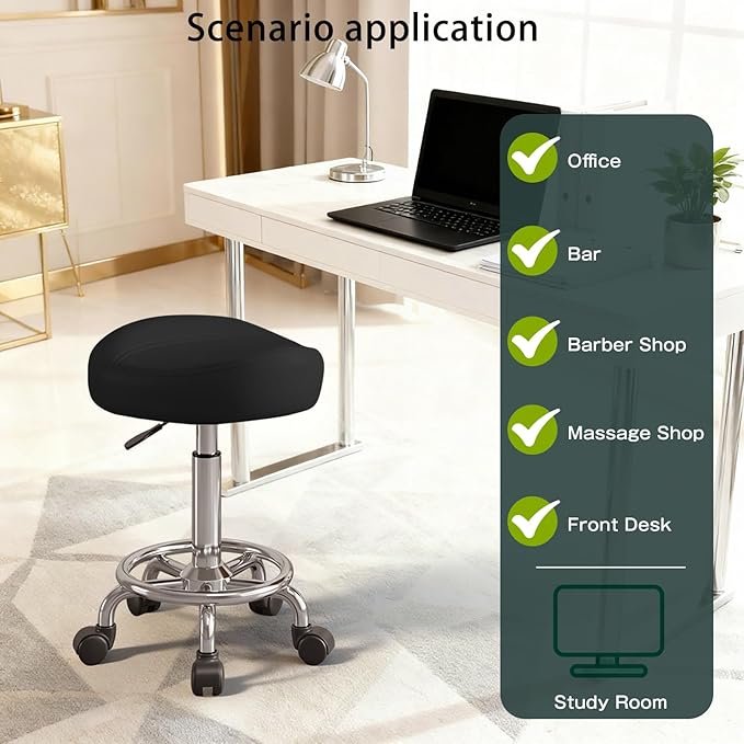 Saddle Stool, Adjustable Height Ergonomic Swivel Chair with Wheels, PU Leather Saddle Seat with Ring Pedal for Salon, Massage, Clinic, Lab, and Office