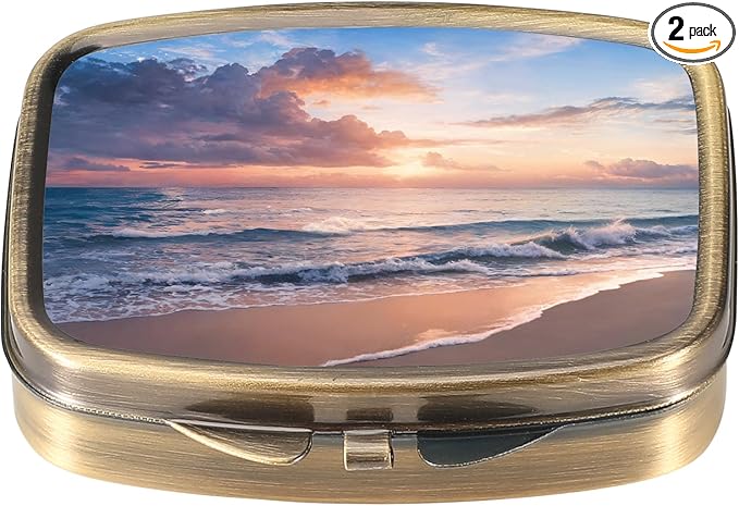 Dynippy Pill Case Pill Box with Mirror Retro Pocket 2 Compartment Medicine Case Vitamin Pill Organizer for Pocket Purse and Travel (Retro- Beach Sunset)