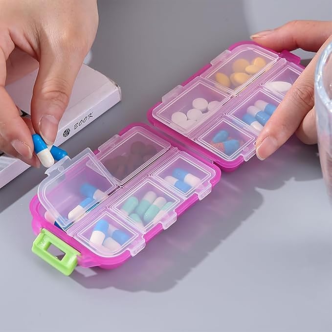 4PCS 7-Day Pill Organizer with Labels – Compact Daily Medication Case | Travel-Sized (3.7" x 2.4") Secure Lock | AM/PM Compartments | Includes 300+ Common Medicines Vitamins Health Product Sticker