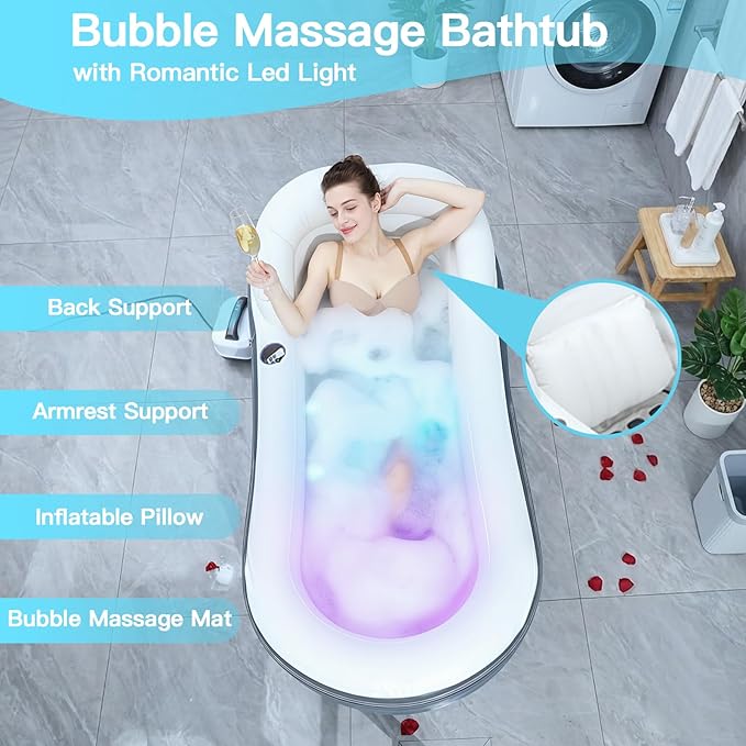 Adult Inflatable Bathtub with Air Bubble Mat, 66'' Portable Spa Water Therapy Soaking Tub with Romantic LED Lights, Pillow/Backrest/Armrests Supported (Air Pump Included)