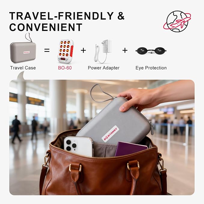 Portable Red Light Therapy, 630/660/810/830/850nm 5 Wavelengths Mini Handheld Red Near Infrared Light, 12 Triple Chip Clinical Grade LEDs, Rechargeable, Travel Case, Timer, for Body, BO-60