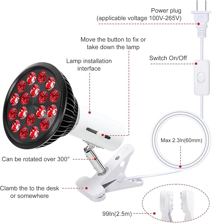 Red Light Therapy Bulb with Adjustable Socket Clamp, 18 LEDs red Therapy Light with Lamp Holder for Body and Face with 660nm Red and 850nm Infrared Light Therapy Device for Skin Care Pain Relief