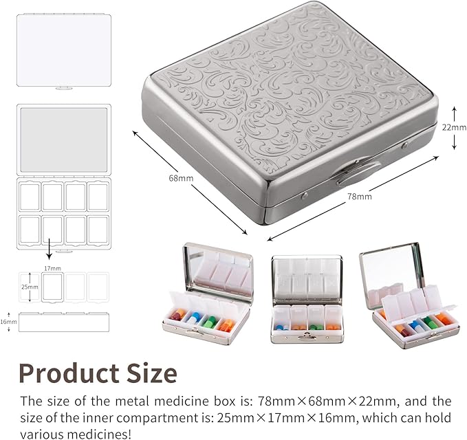 Portable Metal Travel Medicine Box/8 Compartments (Silver)