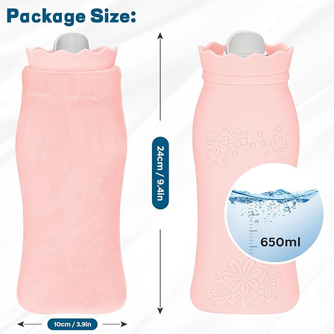 Silicone Hot Water Bottle with Cover - 650ml Hot Water Bag for Hot & Cold Therapies, Microwaveable Leakproof Hot Water Bottle for Keeping Hand Feet Warm - Gift for Kids Adults Elderly in Winter(Pink)