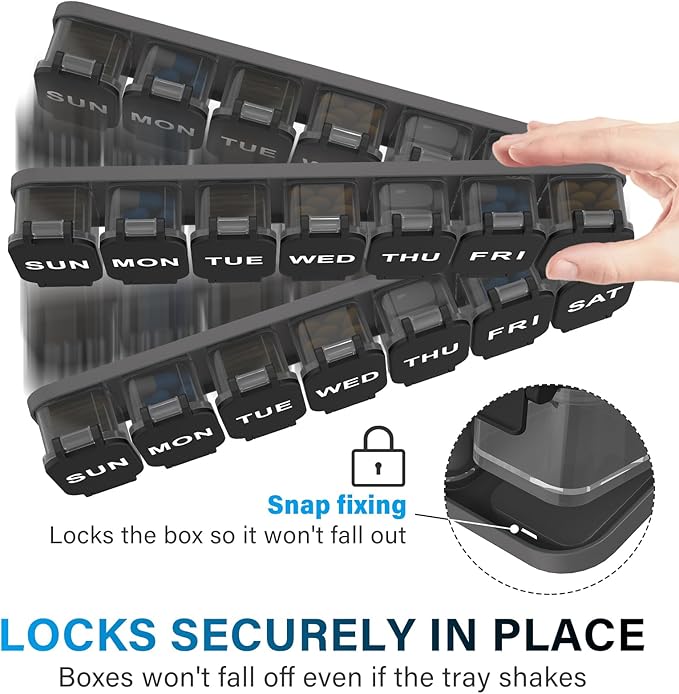 Extra Large Weekly Pill Organizer - XL Vitamin Holder with 7 Detachable Compartments, Portable Medicine Pill Organizer for Supplements, Daily Pill Case for Home and Travel,Black