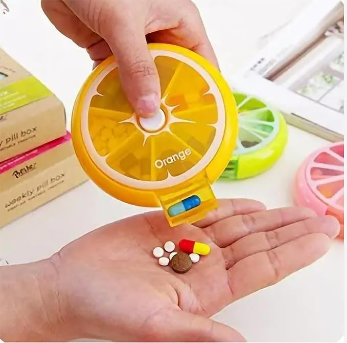 Rotating Daily Pill Dispenser. Weekly 7 Compartments Large Medicine Pill Organizer. (Orange). 2 Units Pack