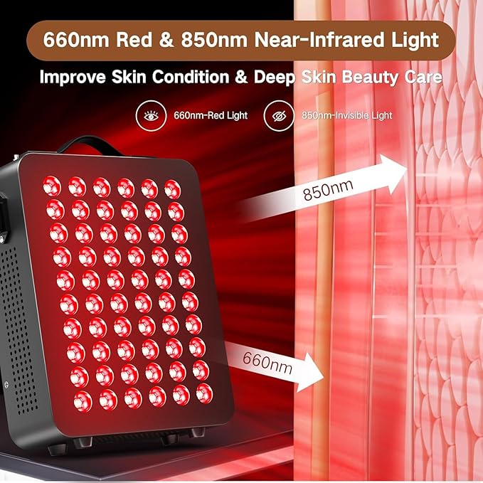 Red Light Therapy, Dual Chip Clinical Grade with 60 LEDs Device, High Power Near-Infrared Panels at 660nm/850nm, Timer Function for Body, Pain Relief, Face, Improve Sleep, Skin Health, (Black)