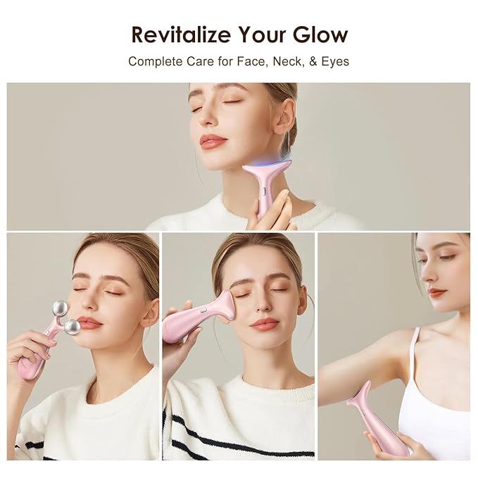 4-in-1 Multi-Area Beauty Care Device with Interchangeable Heads and Three Light Modes, Rechargeable Neck & Face Care Tool (Pastel Pink)