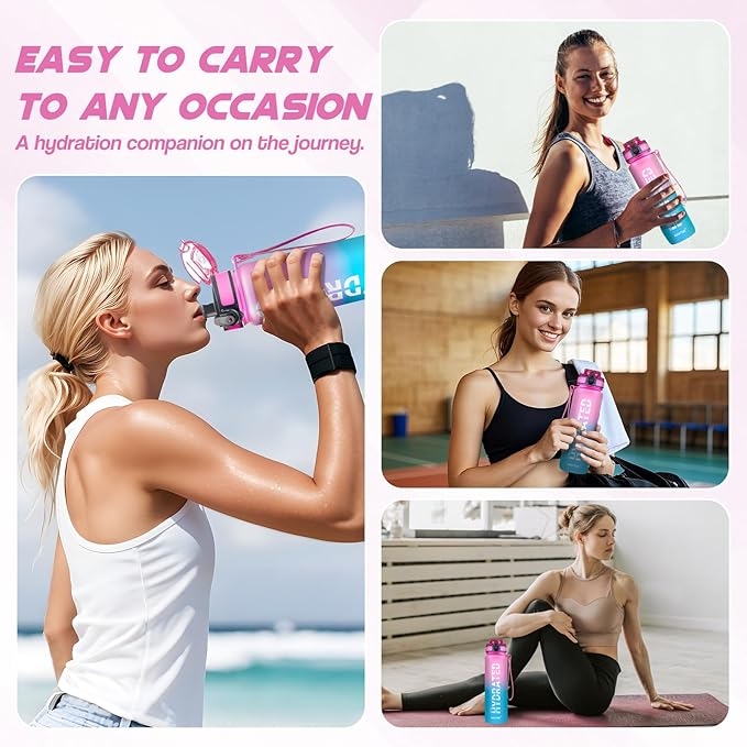 Water Bottle, 32 oz Sports Water Bottles with Time Marker Wide Mouth, Motivational and Leakproof Drink Bottle, BPA Free Tritan with Carry Strap for Gym Fitness Outdoor(1 Bottle)
