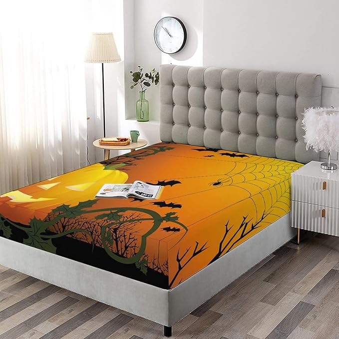 XISUNYA Decorative Fitted Sheet Set Full Size, Spider Web Deep Pockets Fitted Sheet & 2 Pillow Sham Set, Halloween Themed Pumpkin Leaves Trees Web and Bats Printed Microfiber Bedding 3pc Set