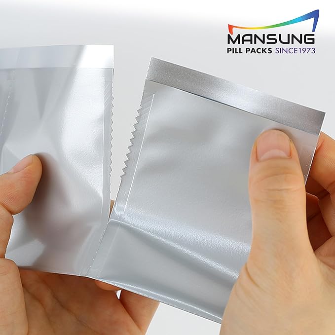 Mansung M 600 - Mylar Heat Seal Pill Bags 2.7x3.5 inch/Silver - Mylar Aluminum Foil Pillsuite Organizer Packets with Notch Easy Tear Smell Proof Packaging Food Storage Heat Sealable Open Top Pouch