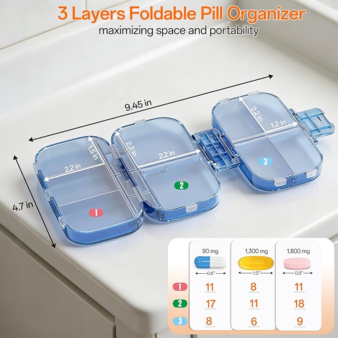 Foldable Travel Pill Organizer 3 Layers Large Capacity, Portable Pill Box Case with 9 Compartments for Medication Vitamins Supplements (Blue)