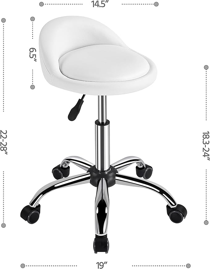 Yaheetech Rolling Stool Adjustable Swivel Stools Chair with Wheels & Back Support Round Tattoo PU Leather Salon Stools for Massage Spa, White