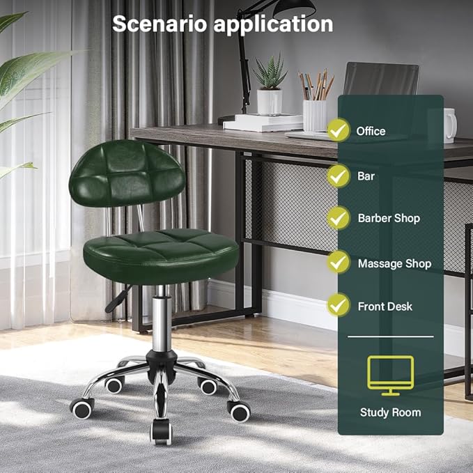 Square Minimalist Swivel Stool with Wheel for Work SPA Shop Massage Height-Adjustable and Cost-Effective Rolling Stool Chair with Back (Green)