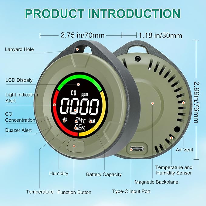 Portable Carbon Monoxide Detector for Travel, Mini 3-in-1 Carbon Monoxide Monitor with Magnetic Suction, RV CO Detector Alarm Temp/Humidity Sensor, Rechargeable CO Monitor 120-140HR Standby