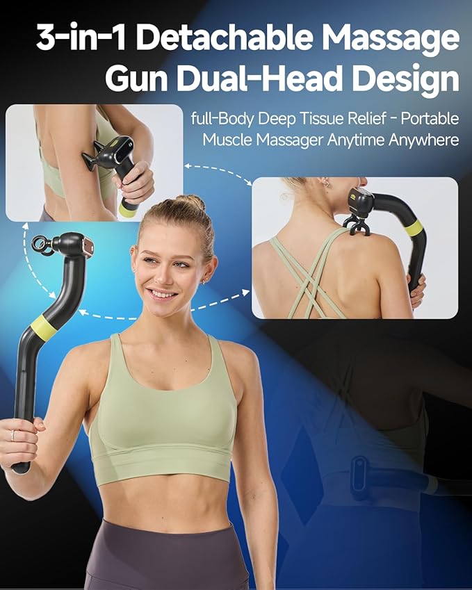 Dual Head Massage Gun Deep Tissue 3-in-1 Back Massager with Detachable Extension Handle for Hard-to-Reach Areas, Gym & Home Use for Men and Women,FSA-HSA Eligible