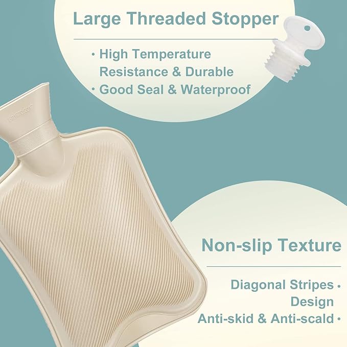Hot Water Bottle with Cover, Rubber Hot Water Bottle for Pain Relief, Hot Water Bag for Cramps, Bed Warmer for Hand Feet Waist