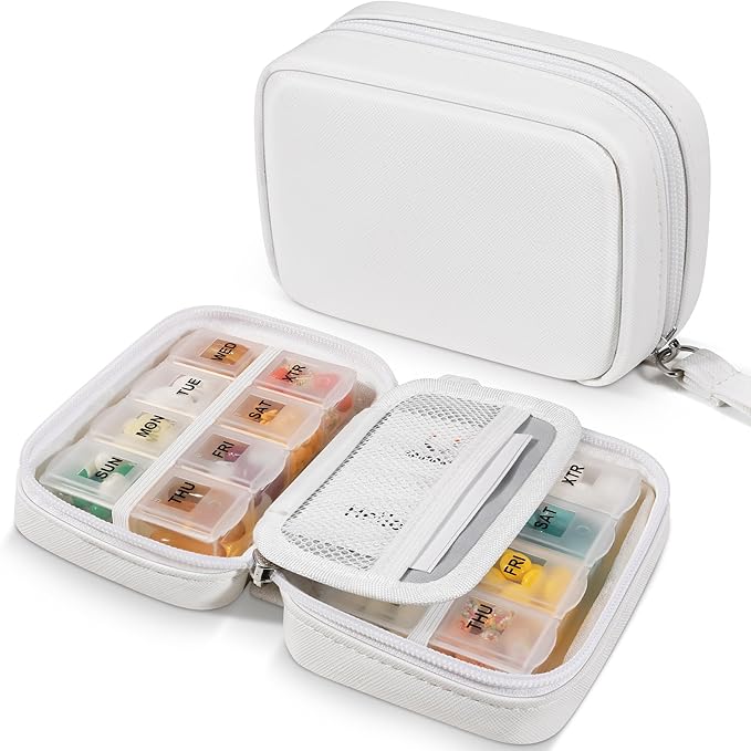 Zannaki Cute Pill Organizer for Purse with Two Removable 7-Day Pill Box, Travel PU Leather Pill Case, Portable Weekly Pill Container with Storage Bag to Hold Vitamins, Fish Oils, Supplements (White)