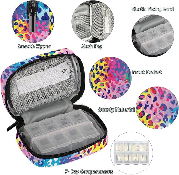 Portable Pills Organizer for Purse, Pill Cases Organizers 7 Day Medicine Travel Case, Personal Week Pill Organizer Cute Zipper Medication Bag Containers for Vitamin (Colorful Leopard Print)