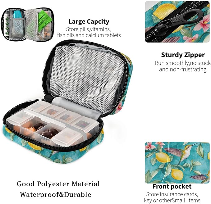 Fustylead Retro Hummingbirds and Lemon Tree Pill Organizers 2 Times A Day Pill Case Bag with Zipper Portable Weekly Pill Dispensers for Vitamin Supplement