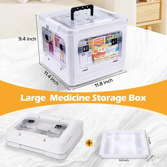 18QT Medicine Storage Box with Handles, Large Capacity First Aid Box, Clear Medical Supply Organizer with Removable Tray, Multipurpose Plastic Medicine Chest with Wheels
