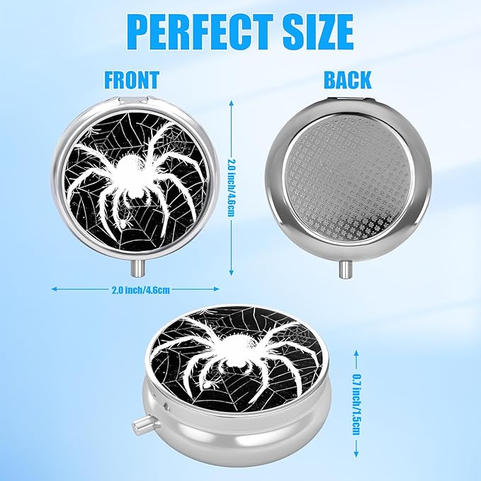Pill Box, 3 Compartments Small Pill Case Travel Portable Metal Medicine Box with Mirror Mini Container for Purse Pocket Women Men（Black Spider Web）