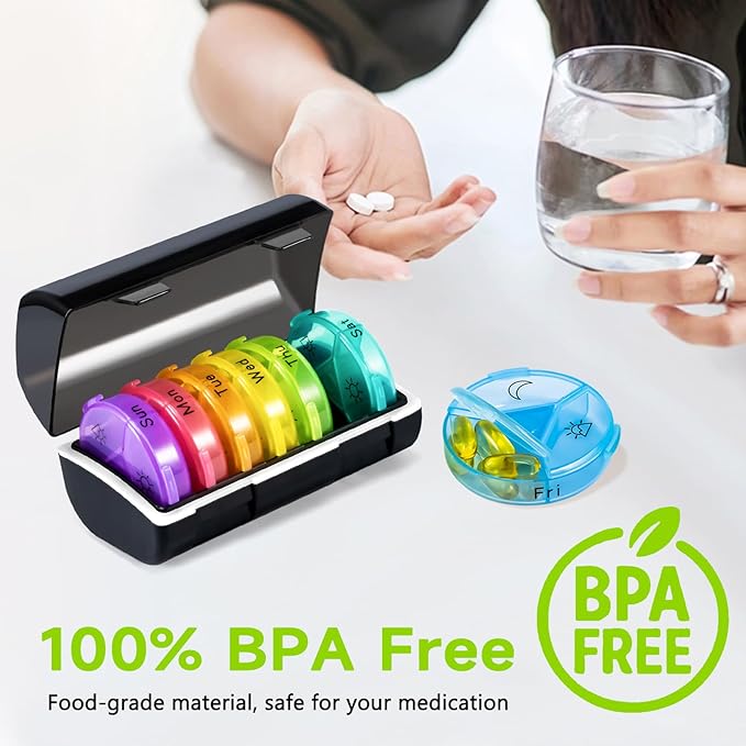 Weekly Pill Organizer 3 Times a Day, 2 Pack Portable Travel Pill Box 7 Day, Large Pill Case Container, AM/PM Daily Medicine Organizer for Vitamin, Fish Oils, Supplements (Black+White)