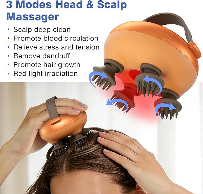 cotsoco Electric Cordless Head Scalp Massager with 3 Types Massage Heads, Handheld Portable Head Scratcher Massager for Stress Relax, Deep Clean and Hair Growth, Gifts for Men Dad Mom