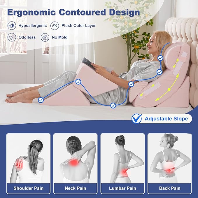 6PCS Multi-Functional Bed Wedge Pillow Kit - 7-in-1 Orthopedic Support for Back/Neck/Legs, Post Surgery Recovery & Sitting Up in Bed, Post Surgery Foam for Body, Pink