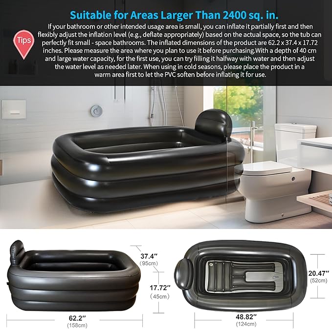 Nevife Inflatable Ice Bath Tub for Adults- Blow Up Bathtub with Cover&Comfort Floor,Foldable Tub for Shower, Spa, Ice Baths, Camping-Includes Hand Pump, XL (63x35.4x19.7 inches)