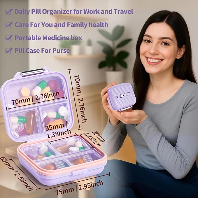 Daviky Travel Pill Organizer,Small 7-Compartment Pill Box for Vitamins & Medications, Compact Medicine Case for Pocket or Purse(Purple)
