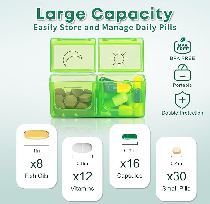 Monthly Pill Organizer 2 Times a Day with Weekly Pill Bag, 30 Day Pill Organizer 2 Times a Day with 32 Compartments, Monthly Stickers, Shoulder Strap, Hard Travel Case Medicine Vitamins Case