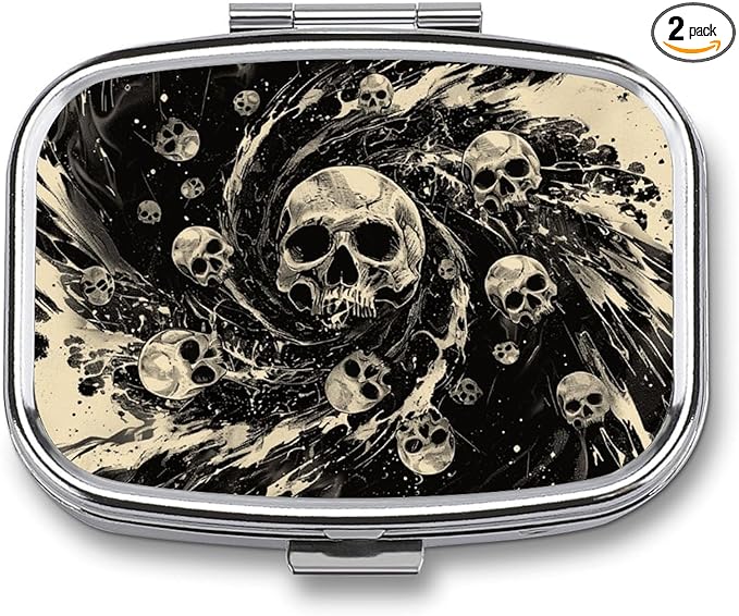 Metal 2 Compartment Pill Organizer Travel Friendly Portable Compact Pill Box Cute Pill Case,for Pocket Wallets Daily Portable Medicine Vitamin Tablet Storage (The Skeleton in The Vortex)