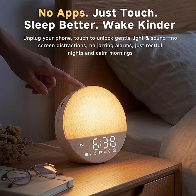 Sunrise Alarm Clock White Noise Machine | Natural Wake-Up Light for Bedroom with 30 Soothing Sleep Aids, Bluetooth Speaker, Dimmable Clock, Screen-Free Design for Baby Adults Kids-Khaki