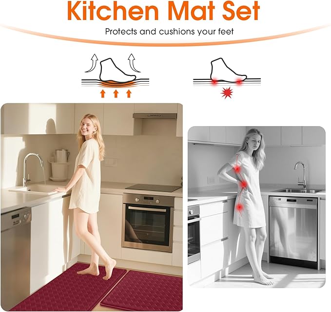Kitchen Mats, 2PCS Kitchen Rugs, Cushioned Anti Fatigue Kitchen Mats for Floor, Non-Slip Standing Desk Mat, Waterproof Kitchen Rug Set for Kitchen, Floor, Office,17.3"×30"+17.3"×47",Red