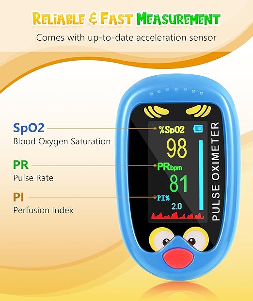 Fingertip Pluse Oximeter for Small Fingers, USB-C Rechargeable Oxygen Monitor, Cute Cartoon Design, Sports & Aviation Use, Applicable for Kids & Children (Blue)