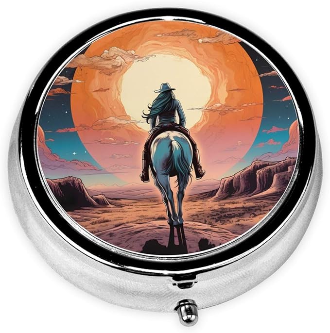 Retro Cartoon Cowgirl Sunset Pill Box 3 Compartment Pill Case, Portable Medicine Pill Organizer for Pocket Purse Pill Box Decorative Metal Medicine Vitamin Organizer