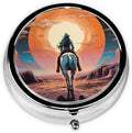 Retro Cartoon Cowgirl Sunset Pill Box 3 Compartment Pill Case, Portable Medicine Pill Organizer for Pocket Purse Pill Box Decorative Metal Medicine Vitamin Organizer