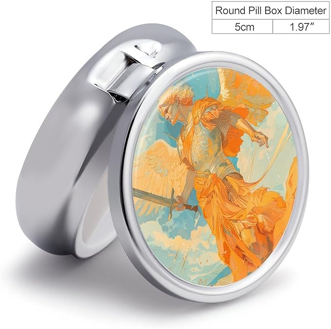 Angel Holding Sword Pill Box Travel Pill Case for Purse Pocket Weekly Medicine Organizer with Mirror 3 Compartment Round Medicine Case Portable PillcaseHolder for Daily