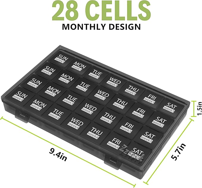 Monthly Pill Organizer 28 Day Pill Box Organizerd, Large 4 Weeks One Month Pill Cases with Dust-Proof Container for Pills, Vitamin, Fish Oil, Supplements (Black)