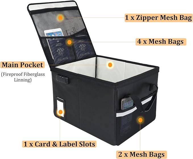 File Box with Lock 5200°F with Heat Insulated,Fireproof Box File Storage Organizer Anti-Static,Collapsible Fireproof Document Filing Box with Handle,Portable Home Office Safe